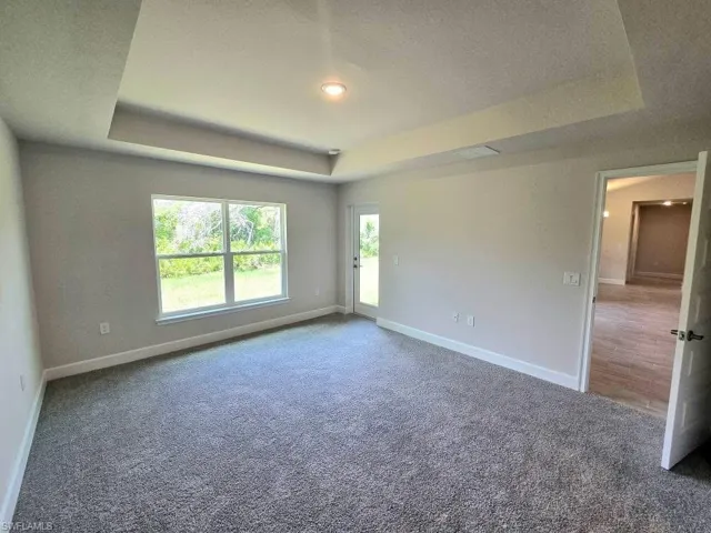 Empty room featuring a tray ceiling, carpet flooring, and baseboards