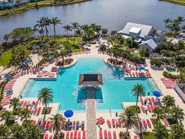 Community pool with a water view