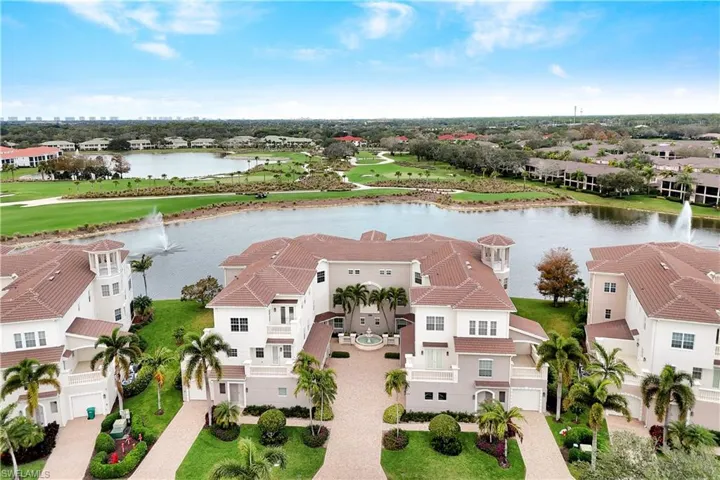 Aerial perspective of suburban area with a nearby body of water and a local golf course