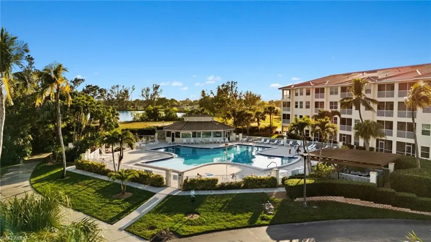 Community pool with a patio and a gazebo