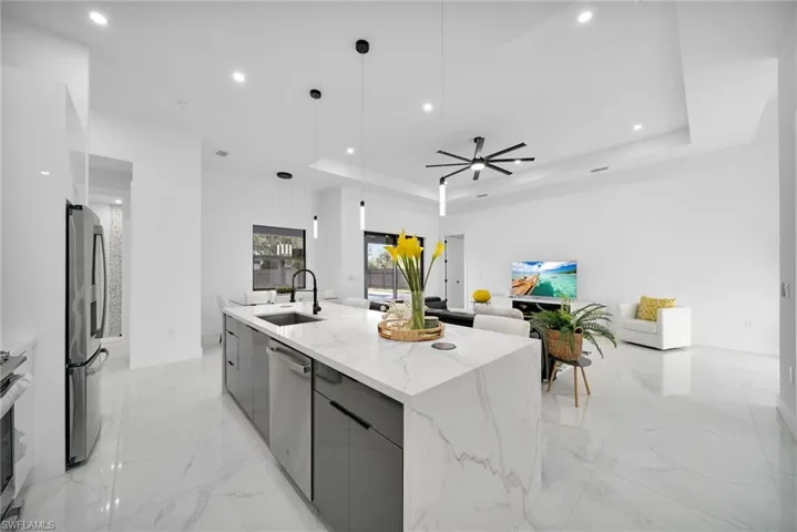 Kitchen with modern cabinets, stainless steel appliances, a sink, a tray ceiling, and an island with sink