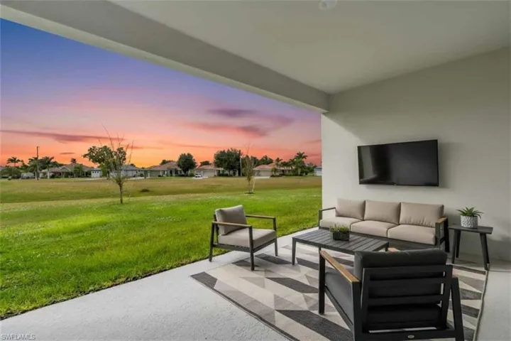 Virtually staged patio with an outdoor hangout area and a residential view