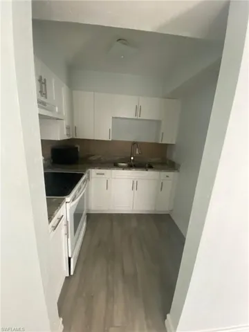 Kitchen featuring white cabinetry, white electric stove, dark wood-type flooring, and under cabinet range hood
