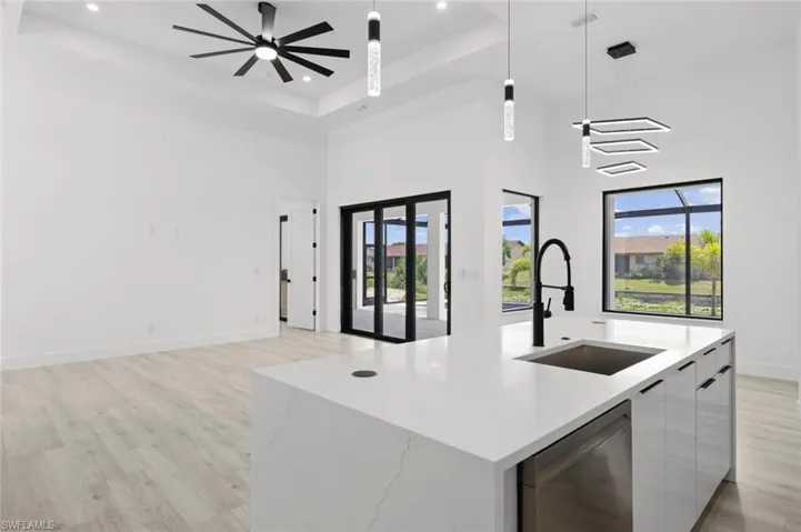 Kitchen featuring dishwasher, a raised ceiling, light wood-type flooring, and hanging light fixtures