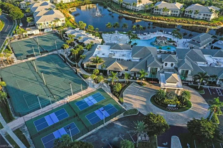 Ariel view of club house, tennis courts and pickle ball.