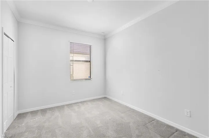 Carpeted empty room with crown molding