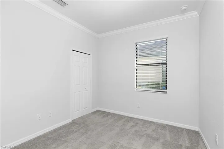 Unfurnished room with crown molding and light colored carpet