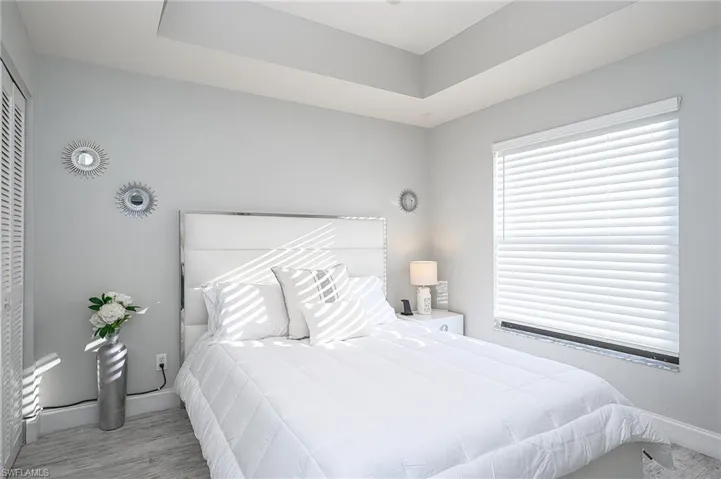 Bedroom featuring wood finished floors and a tray ceiling