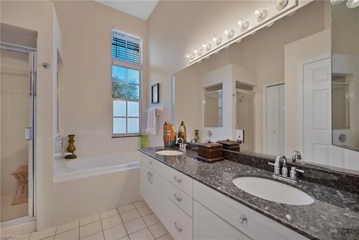 Full bathroom featuring a stall shower, double vanity, and a bath tub