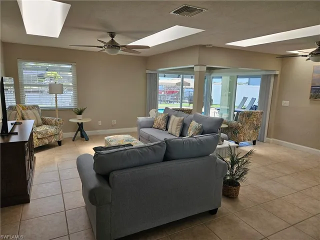 Living area featuring visible vents, a skylight, and ceiling fan