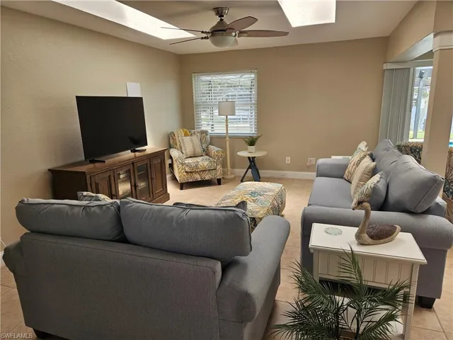 Living room with ceiling fan, a skylight, and plenty of natural light