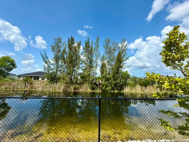 Waterfront property featuring a chain-link fence, natural shoreline, and mature trees