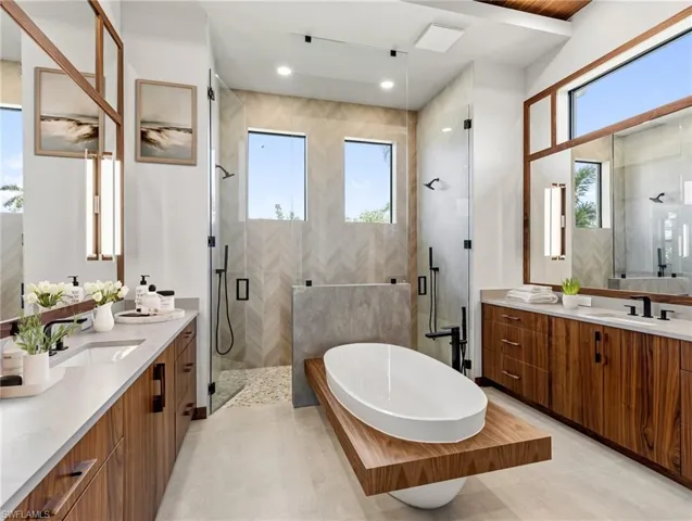 Virtually staged primary bathroom.