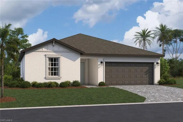 Ranch-style house featuring a front yard, driveway, a garage, a shingled roof, and stucco siding