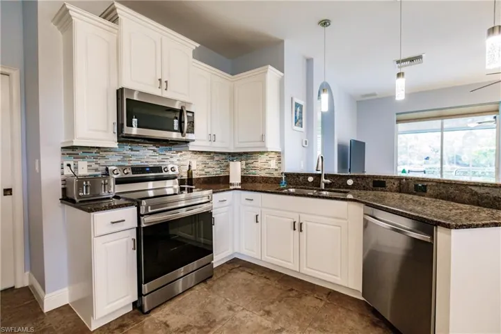 GREAT CLOSE UP VIEW OF THE NEW APPLIANCES, WHITE CABINETS & AMAZING BACKSPLASH PLUS UNDER MOUNT LIGHTING!
