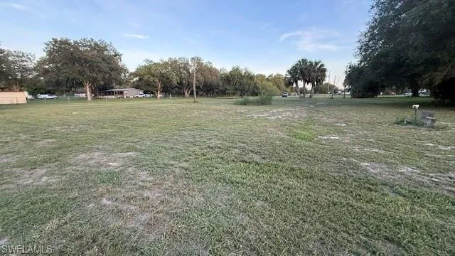 Expansive lot featuring a large grassy area, mature trees, and a clear sky
