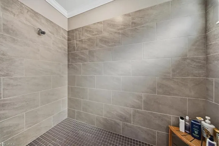 Bathroom featuring a tile shower and ornamental molding