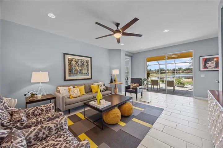 Great room with ceiling fan