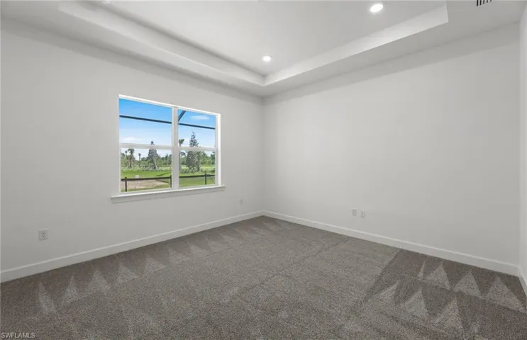 Carpeted empty room featuring a tray ceiling