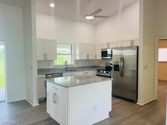 Kitchen with stainless steel appliances, light stone counters, white cabinets, a high ceiling, and dark wood-type flooring