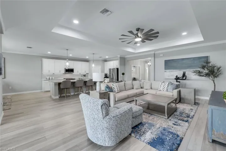 Living room featuring a raised ceiling, ceiling fan, and light hardwood / wood-style flooring