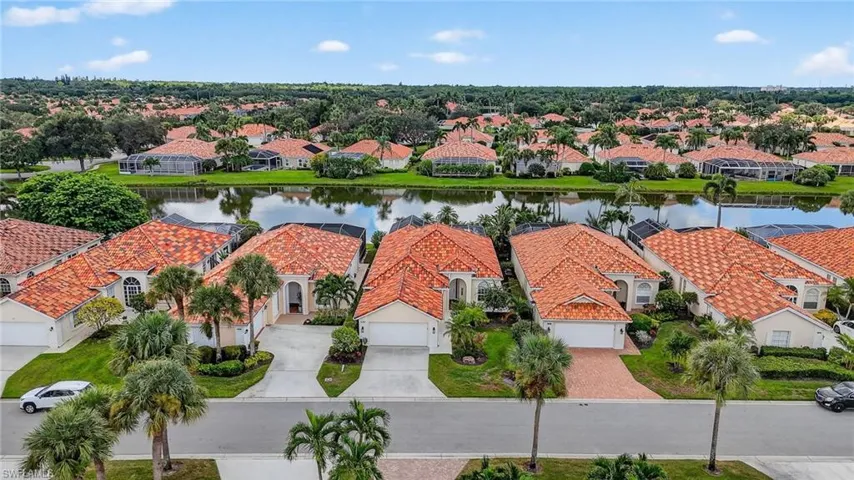 Aerial perspective of suburban area featuring a nearby body of water