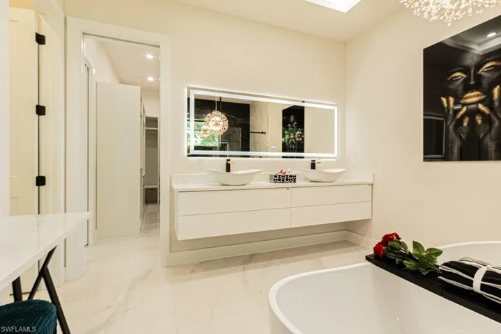Bathroom with vanity and a bath