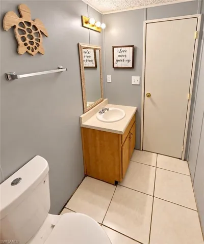 Bathroom with vanity and shower.