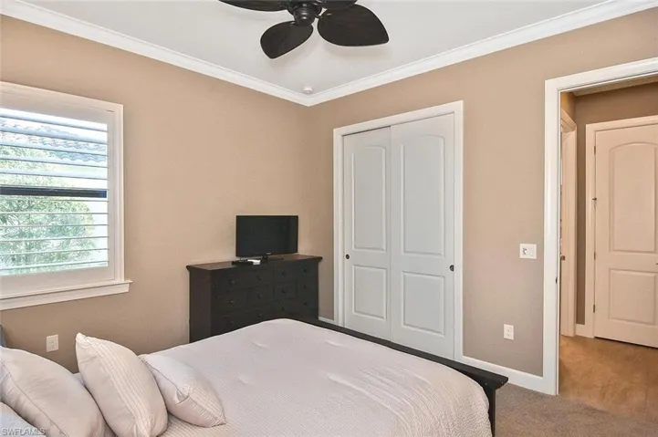 Good closet storage, natural light, Plantation Shutters and steps away from a Guest Bath.