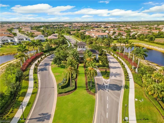 Aerial view of residential area with a large body of water