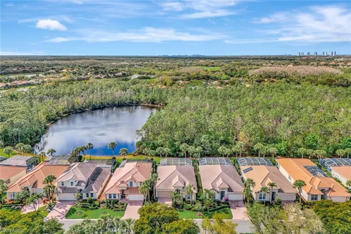 Aerial view featuring a residential view, a water view, and a forest view