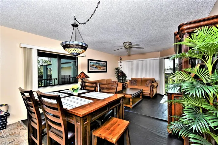 Dining area featuring ceiling fan and a textured ceiling