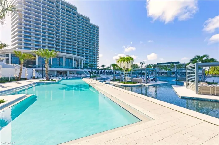 Floating private cabanas dot the lagoon.