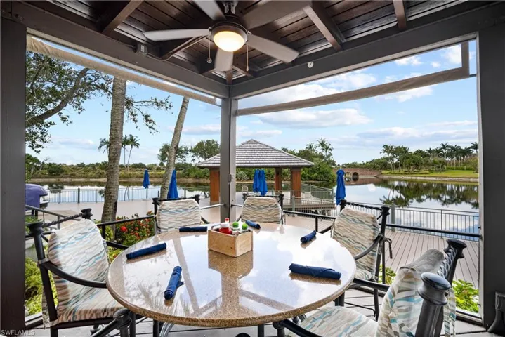 View of patio / terrace featuring a gazebo, ceiling fan, and a water  view at the Gator Grill