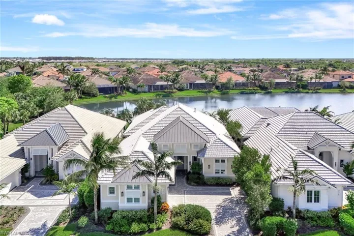 Birds eye view of property with a water view