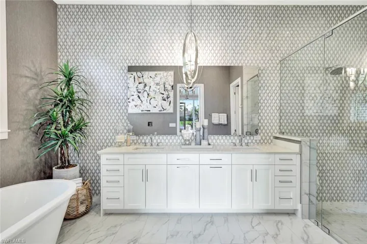 Bathroom with shower with separate bathtub and vanity