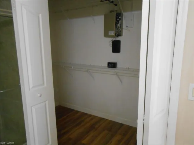Walk in closet with dark wood-type flooring