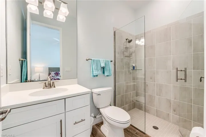 Bathroom with vanity, hardwood / wood-style flooring, toilet, and walk in shower