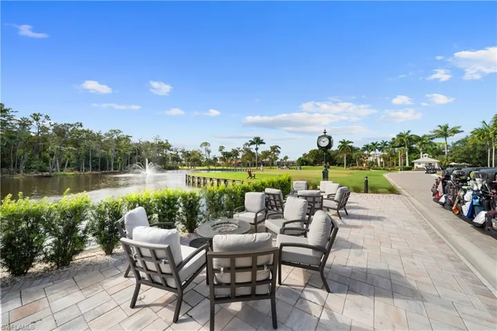 View of patio with a water view