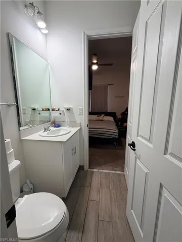 Bathroom featuring wood-look tile flooring, a white vanity with a rectangular sink, a large wall-mounted mirror, and a three-light fixture