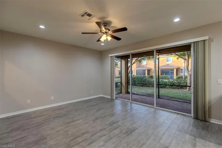 Unfurnished room with a ceiling fan, recessed lighting, and light wood-style flooring