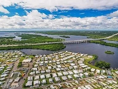 Aerial view of residential area with a view of the Calossahatchee and Orange Rivers