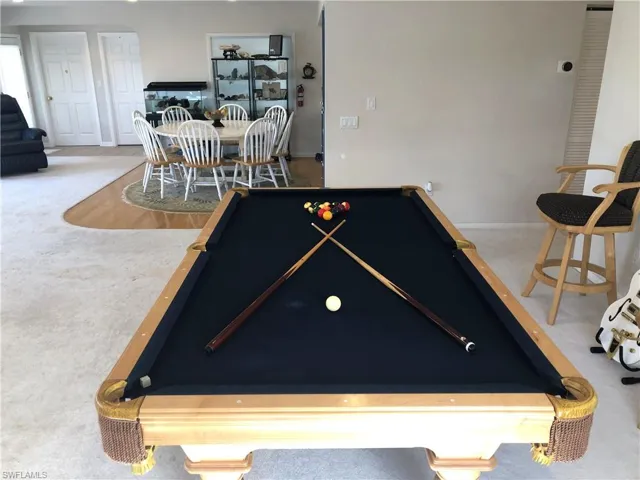 Playroom with billiards table and carpet flooring