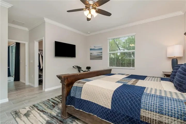 Bedroom with baseboards, ornamental molding, a spacious closet, and ceiling fan