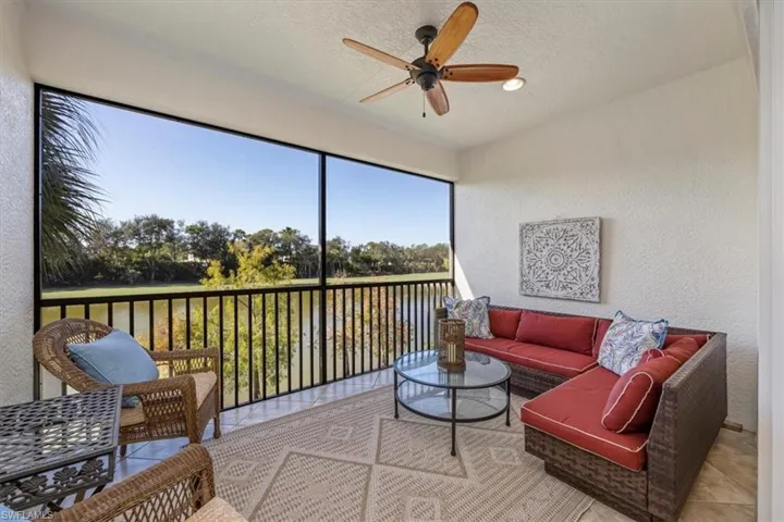 Screened in lanai overlooking pond and golf course
