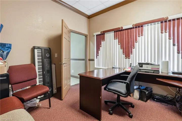Home office featuring light colored carpet, crown molding, and a drop ceiling