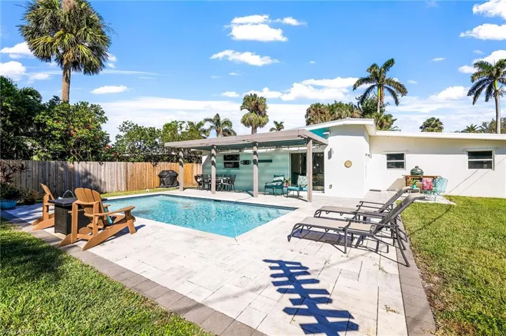 View of pool featuring a yard and a patio area