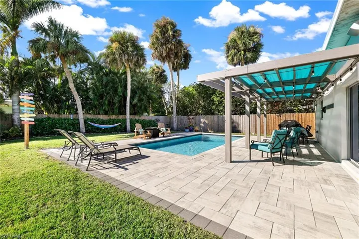 View of pool with a yard and a patio area