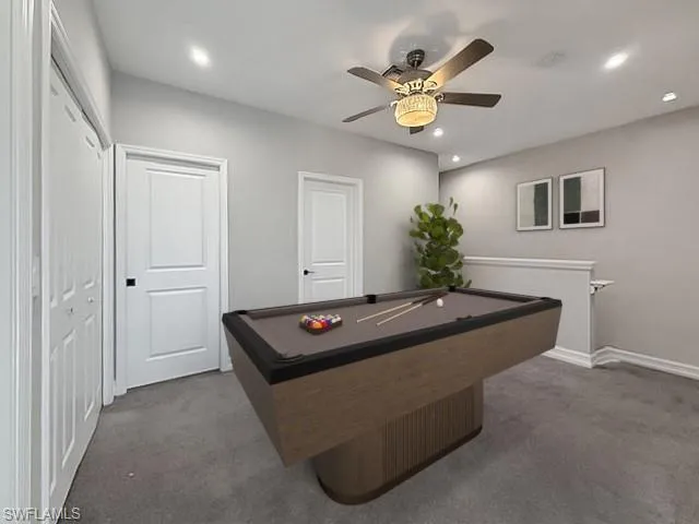 Rec room with billiards table, dark colored carpet, a ceiling fan, and recessed lighting