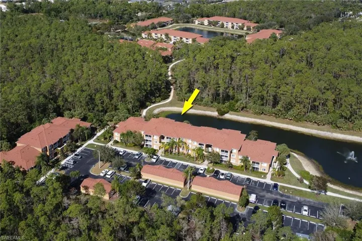 Birds eye view of property with a water view